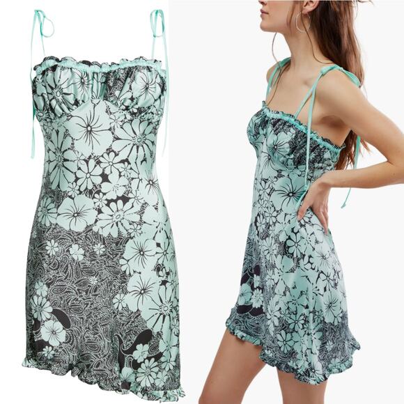 Free People Intimately Retro Daisy Teal Floral Asymmetric Slip Mini Dress Size M - Picture 1 of 10
